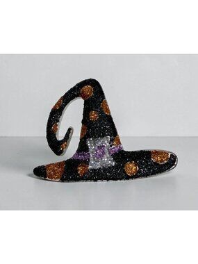 Halloween Glitter Witch Hat Brooch Pin Black Sparkly Orange Polka Dot Party